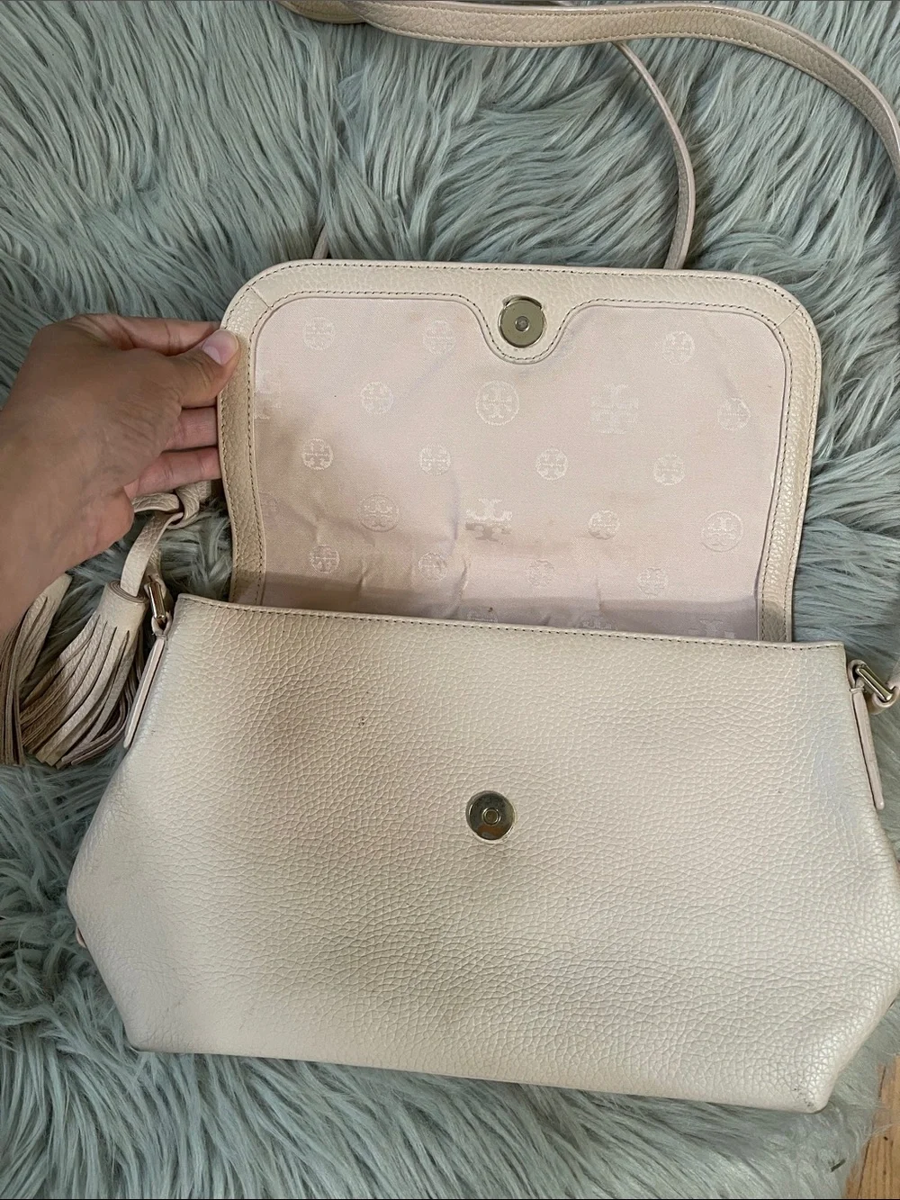 Tory Burch Pale Pink Pebbled Leather Crossbody with Tassels